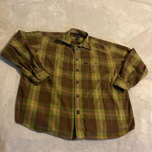Vintage Dick Idol Mens XL Plaid Button Down Shirt Green Brown Long Sleeve Cotton